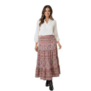 Chaps by Ralph Lauren Paisley Skirt Tiered Lined 100% Cotton Black Red Midi 12P